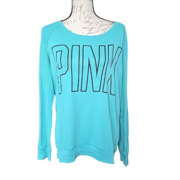 PINK Victoria's Secret Tops - Victoria's Secret Pink Women's Size Large Blue Long Sleeve Logo Mesh T-shirt